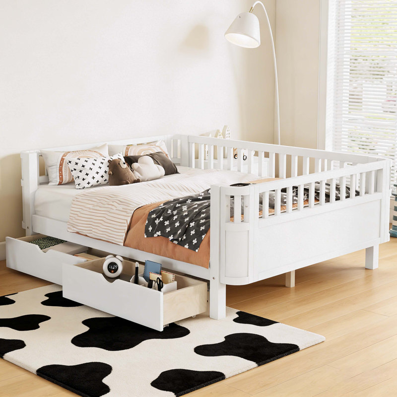 Lit plateforme double en bois pour enfants, lit double en bois à profil bas avec rails blanc, Lit double, Blanc