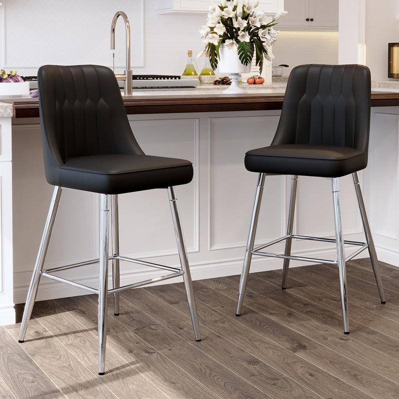 Bar Stools Set of 2,Counter Height Bar Stools with Back,Modern Faux Leather Kitchen Stools, Black/Silver, 2