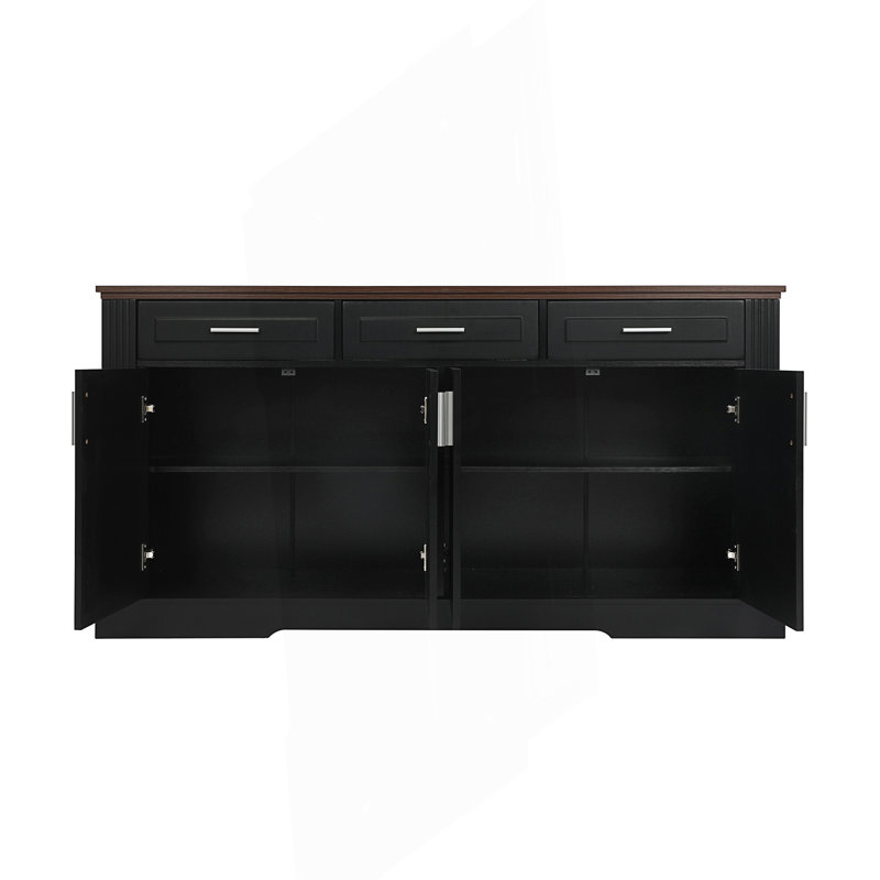 Buffet cannelé avec rangement, station de café moderne avec 4 portes et 3 tiroirs, Noir