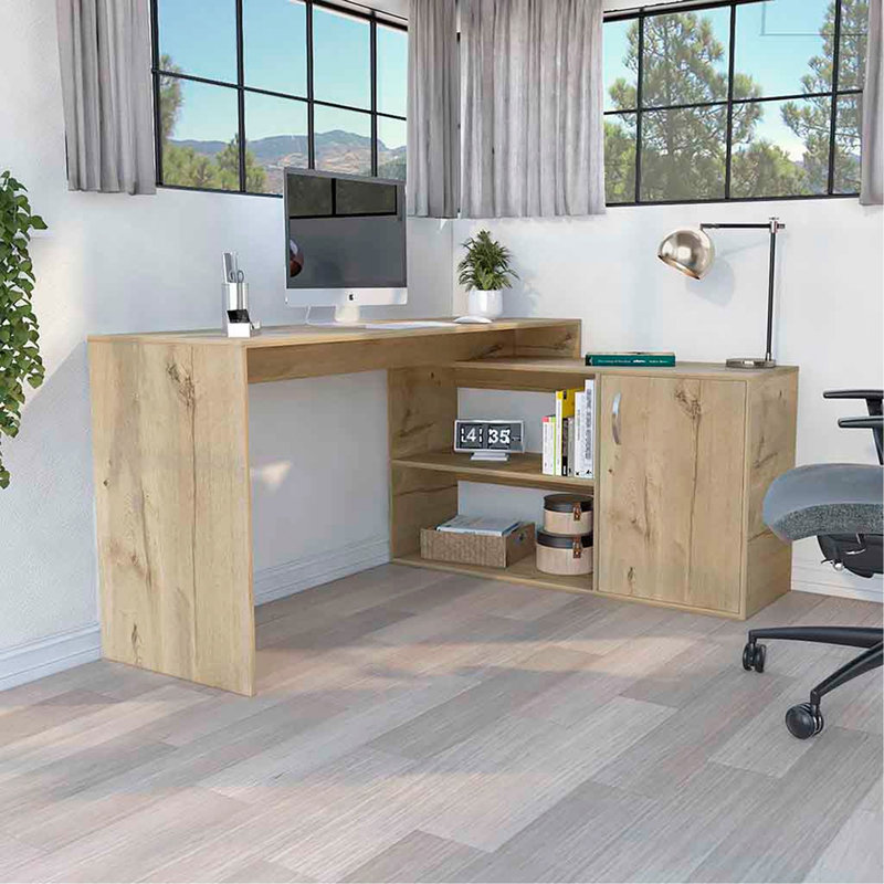 Bureau d'ordinateur moderne en L avec rangement ouvert et fermé - Chêne clair, Beige