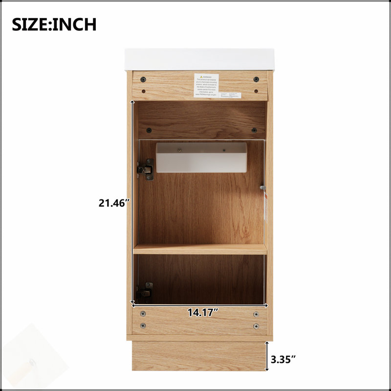 Meuble-lavabo de 15,75 po avec lavabo en résine réversible, armoire en panneau de fibres à densité moyenne, tablette réglable, porte à pousser, finition grain de bois, idéal pour les petits espaces