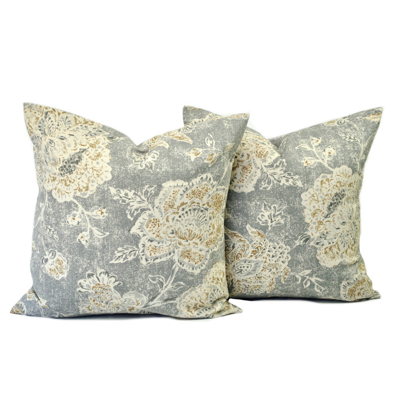 Housse de coussin 100% coton , 21,5 po x 21,5 po, Floral, Gris / Brun clair