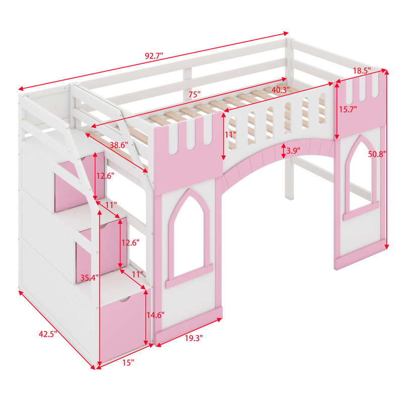 Jorelus Kids Twin Loft Bed, Pink