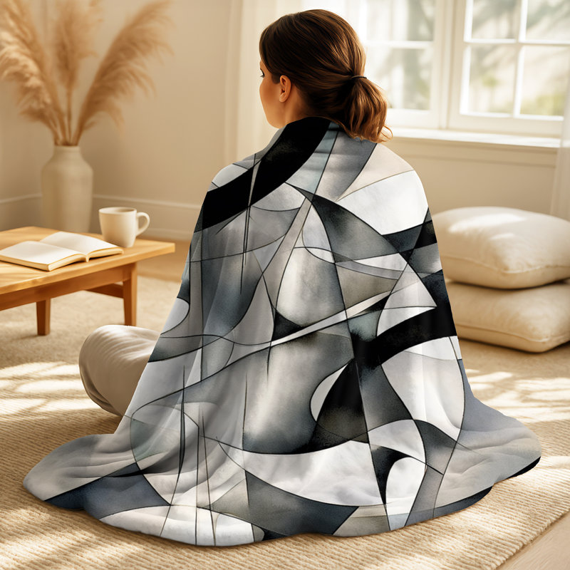 Ensemble de couverture et coussin abstrait géométrique Abstract Neutral XIII, Jeté avec deux coussins (ensemble de 3 pièces)