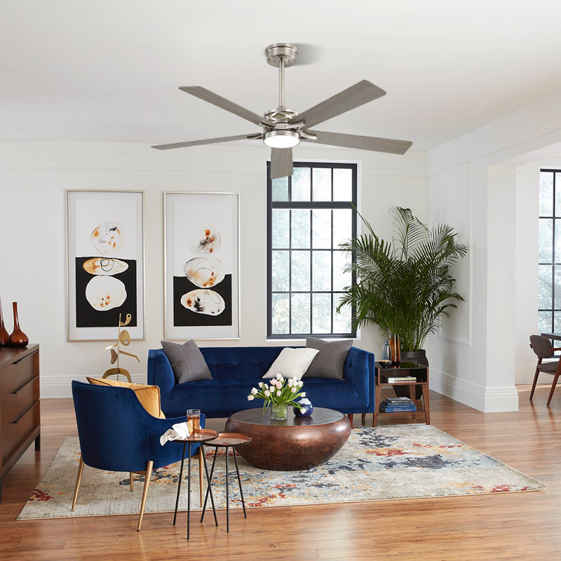 Portico 5 Blades Indoor Ceiling Fan with Light Kit and Remote, 52", Nickel, Gray Wood