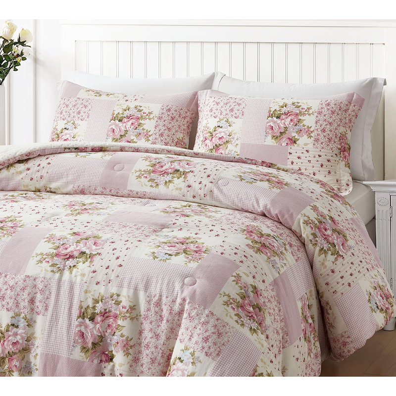 Full Size Pink Floral Cotton Reversible Comforter Set
