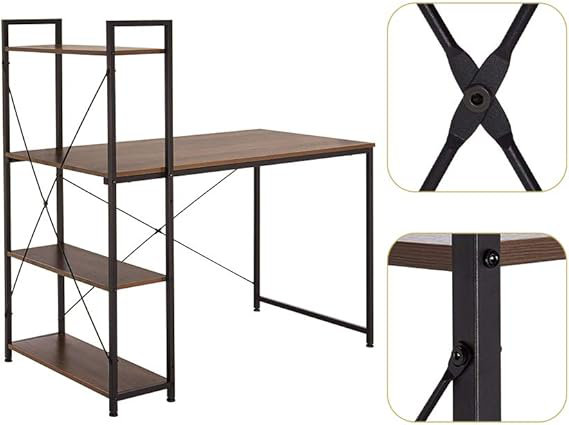 Computer Desk With 4 Tier Shelves - 47.6'' Multi Level Writing Study Table With Bookshelves Modern Steel Frame Wood Desk Compact Home Office Workstation (Natural Brown)
