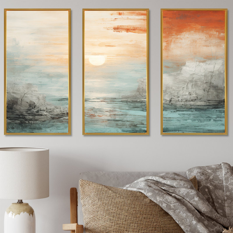Ensemble de salon Bold Beach Sunset Scenery V - Coastal Sunset Wall Art, Cadre flottant doré, H 28 po x l 36 po x P 1 po