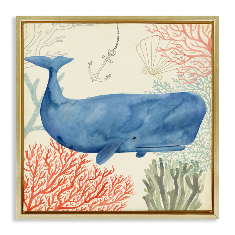 Aquarelle de baleine fantaisiste sous l'eau, H 25 po x l 25 po, Cadre flottant métallique doré