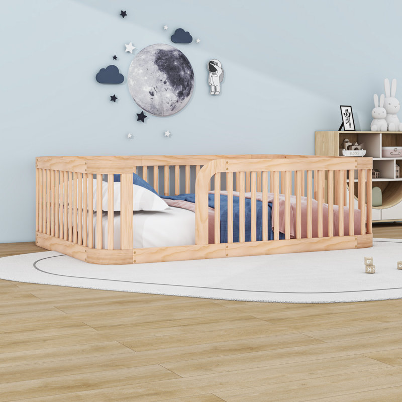 Full Wooden Floor Bed Frame With Guardrails, Natural