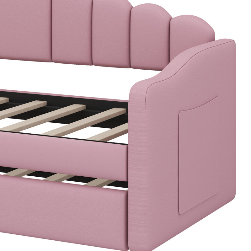 Multifunctional Twin Upholstered Daybed With Pull-Out Trundle And Built-In USB Charging, Pink