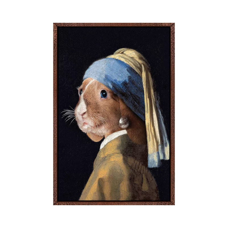 The Rabbit With A Pear Earring by Karen Cantuq - Print on Canvas, 66.04cm H x 45.72cm W x 3.81cm D, Classic Brown Wood Framed