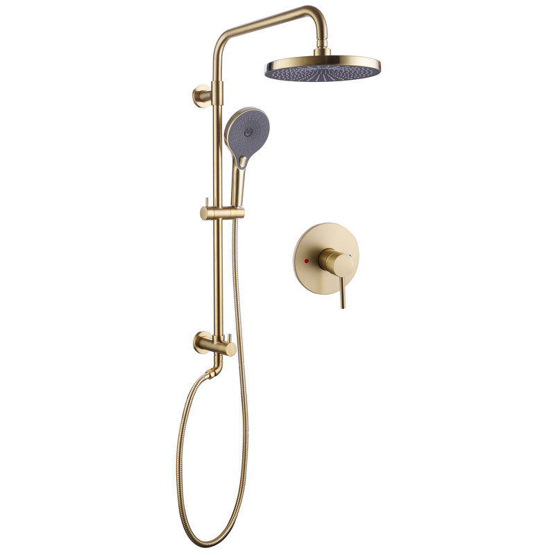 Cascade 10" Solid Brass Exposed Round Shower Combo Set With Pressured Balanced Valve, Brushed Gold with Rough-in Valve