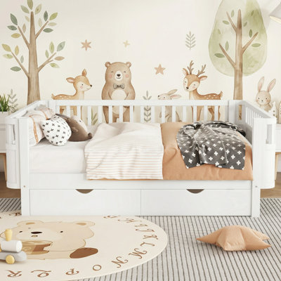 Lit pour enfant à profil bas avec garde-corps et 2 tiroirs de rangement, lit plateforme en bois avec bords arrondis, blanc, double