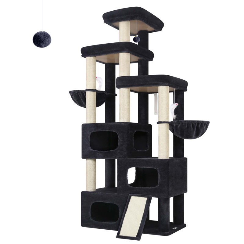 Arbre à chat 85 po H multi-niveaux avec poteau à griffes en sisal, rampe, perchoir et candis pour chat, Gris foncé