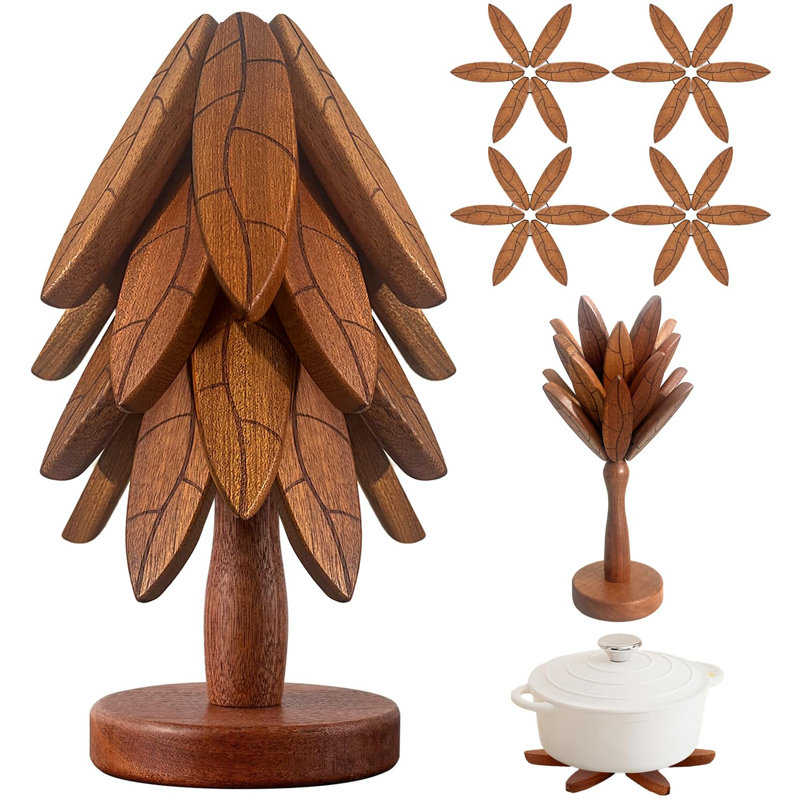 Tree Coasters, Wooden Trivets For Hot Dishes/Pot/Bowl/Teapot/Pans, Tree Shape Trivet Set - 4 Wooden Trivets + 1 Stand Stored, Gifts (Leaf Pattern - 4Pcs)