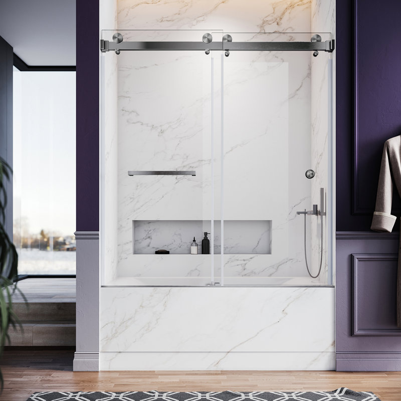 UKD01 56 to 60 in. x 66 in. H Frameless Double Sliding Shower Door with 3/8 in. (10mm) Clear Glass, Space Gray