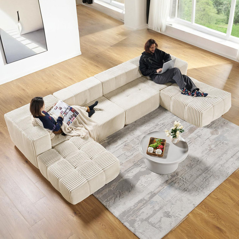 Modern Boneless Modular Sectional Sofa–Oversized Corduroy Couch with Deep Seating & Adjustable Configuration, Beige Corduroy