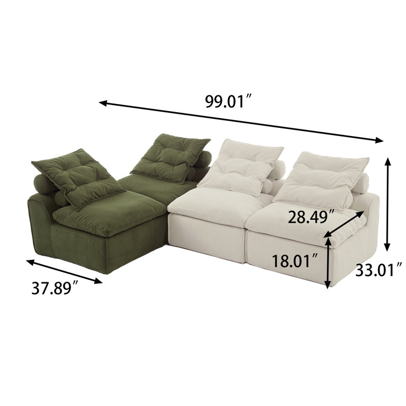 4-Piece Modular Armless Sofa Chair Set for bedroom living room, Beige/Green Polyester