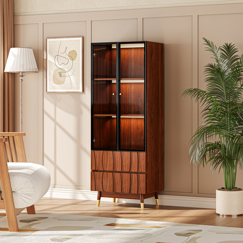 Vaisselier de 62,9 po de hauteur avec portes en verre et 2 tiroirs, bibliothèque de style Mid-Century en bois avec bibliothèque à DEL avec lumière sans fil et tablette à 3 niveaux pour la salle à manger