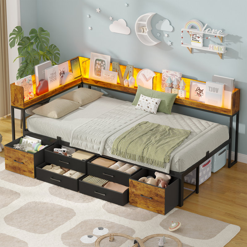 Twin Daybed With Bookcase & Charging Station, Corner Bed Frame With LED Lights & 6 Storage Drawers Black & Vintage Brown