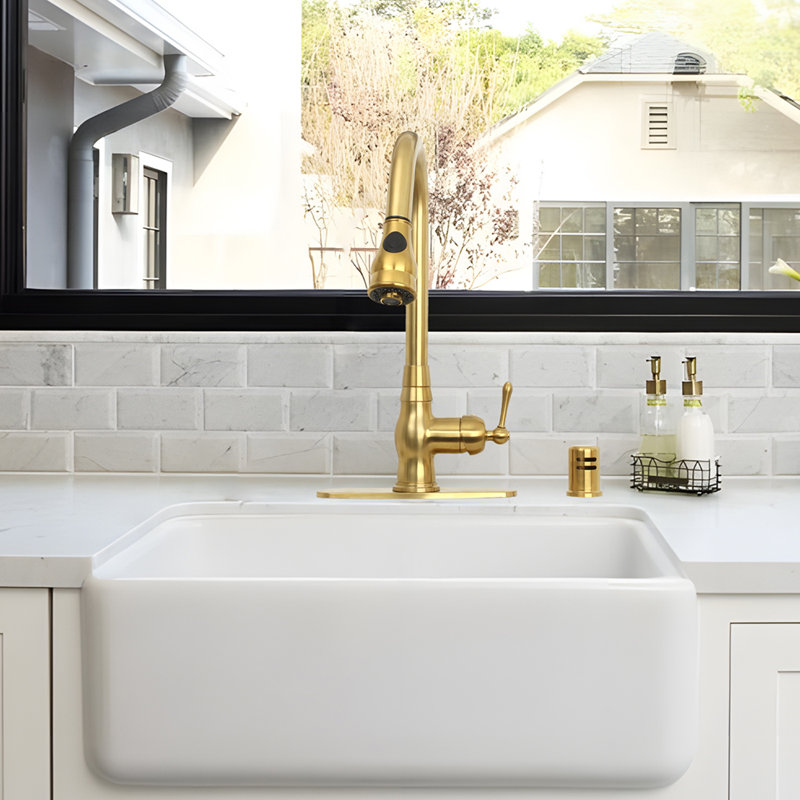Copper Pull Down Kitchen Faucet with Single Handle Deck Plate Included, Brushed Gold