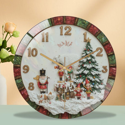 Christmas-Clock-Polar-Bear-Elves-Tree Art - 12'' Modern Glass Wall Clock