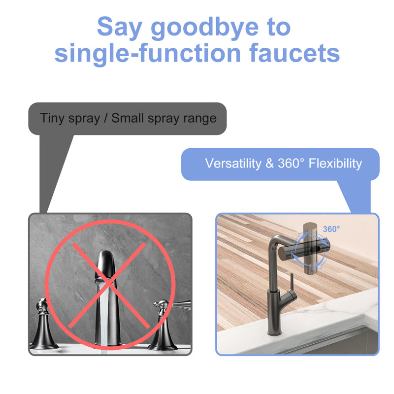 360 Pull - Down Kitchen Faucet In Gunmetal Stainless Steel, 4 Spray Settings For Scrubbing, Splash Technology, Ceramic Cartridge, All Accessories, 1.1 Inches Handle Height Steel Faucet, Options