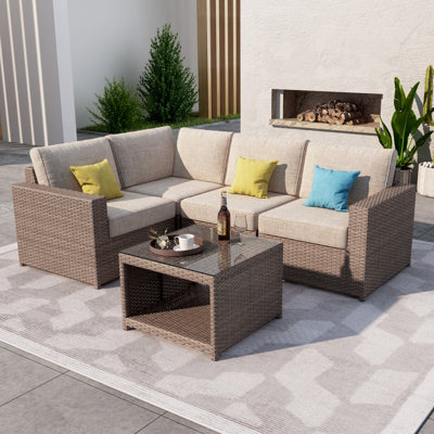 Ensemble de conversation modulaire en rotin 4 personnes avec coussins Amberson