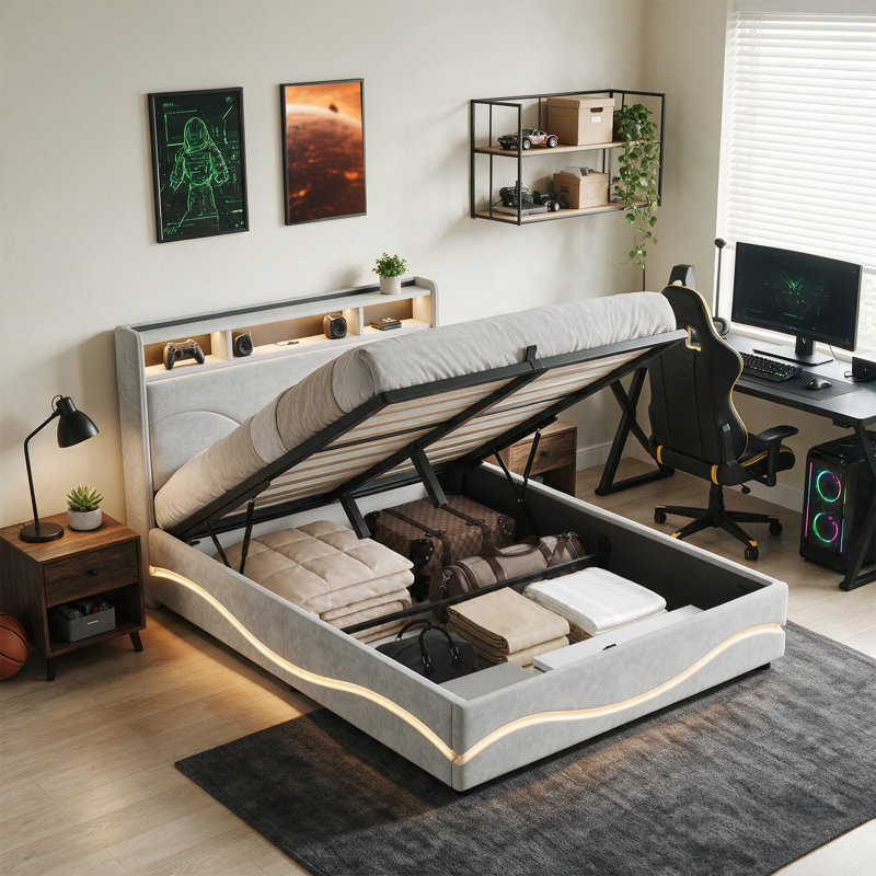 Upholstered Platform Bed Frame, Extra‑Large Hydraulic Lift Up Storage Bed, Wingback Storage Headboard with LED Lights and Charging Station, No Box Spring Needed