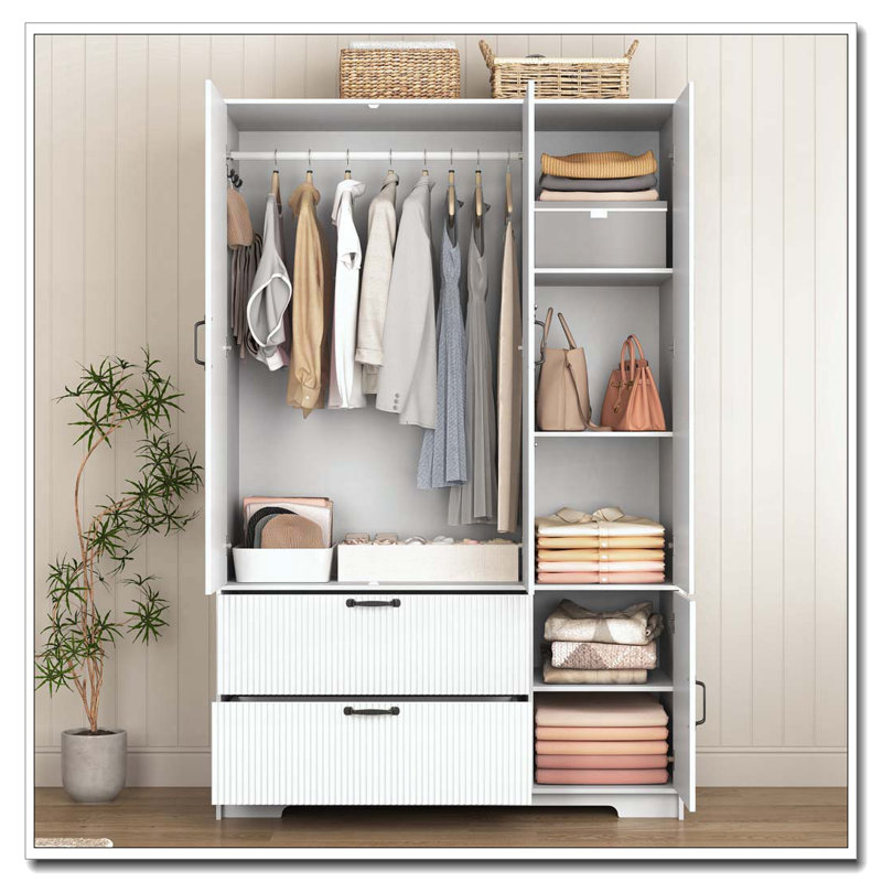 Garde-robe 4 portes avec miroir, garde-robe à DEL avec portes et 2 tiroirs, Blanc