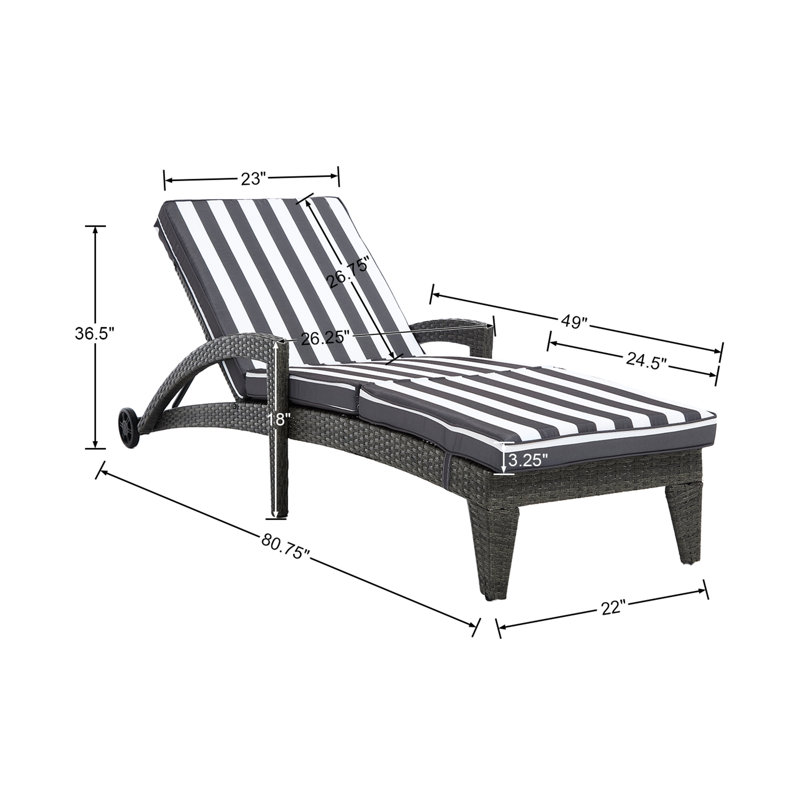 Outdoor Polyethylene (PE) Wicker Chaise Lounge, Patio Single Chaise With Cushions For Backyard/Poolside/Garden