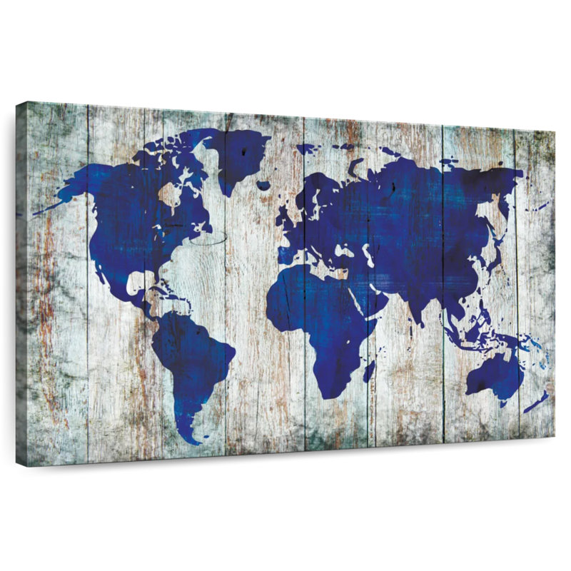 Carte du monde bleu Aliaz sur bois, H 24 po x l 36 po