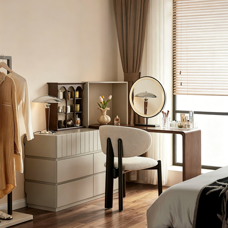 Coiffeuse modulaire extensible de 80 + 120 cm – Commode à six tiroirs en bois massif multicouche laqué écologique avec plateau en placage noyer, convertible en configuration en L ou linéaire, grande coiffeuse multifonctionnelle pour chambre à coucher
