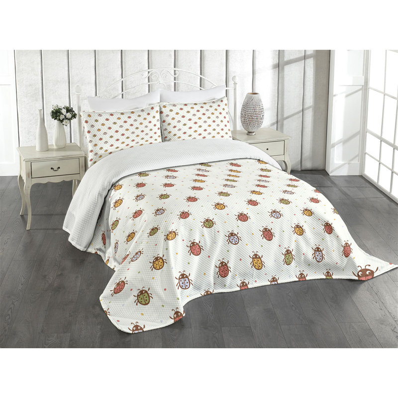 Ambesonne Cartoon Bedspread Set Pastel Colored Ladybugs Multicolor, King Coverlet / Bedspread + 2 Standard Shams