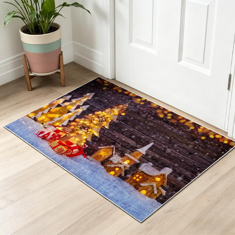 Tapis de Noël en bois transparent lavable à la machine avec éclairage, Rectangle 32 po x 47 po