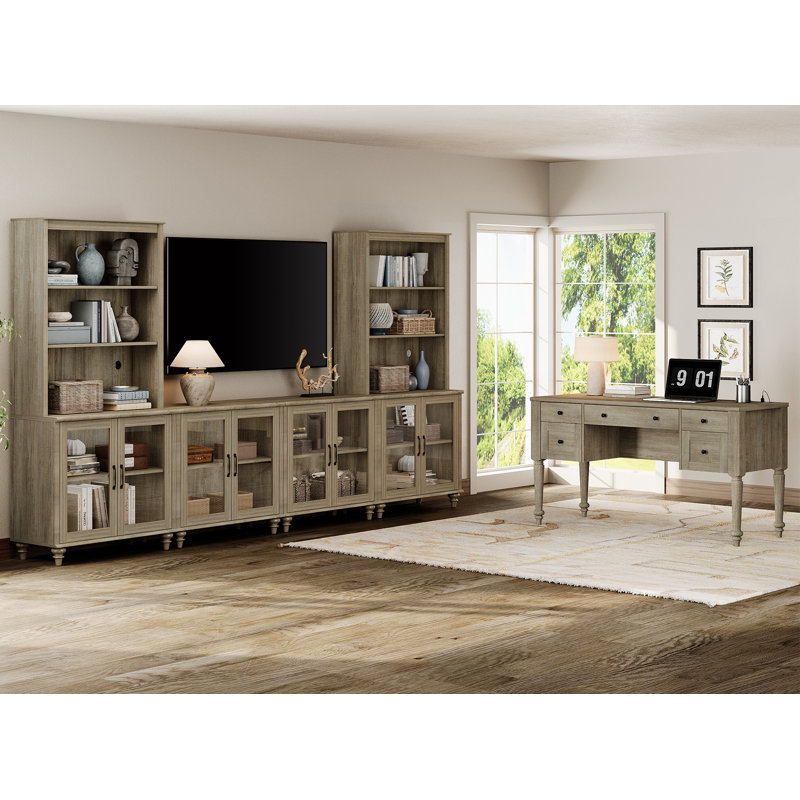 Living Room Table Set 56" Farmhouse Desk & 75" TV Stand With Bookshelves, Morden Home Office Desk With Glass Door Storage Cabinet, Wooden Computer Desk With File Drawers For Home Office, Wash Grey