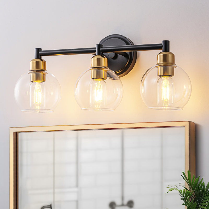 Éclairage pour salle de bain 3 lumières sphériques en verre transparent à intensité variable, Noir mat / Or