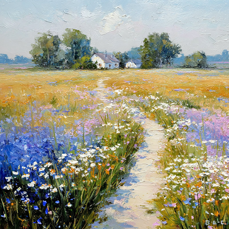 Art mural sur toile Meadow Path to Cottage