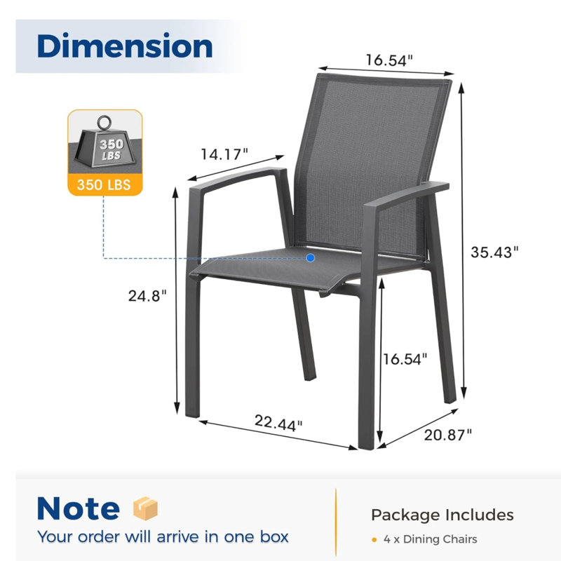 Ensemble de 4 chaises de patio en aluminium de 22,44 pouces de largeur, entièrement assemblées et empilables