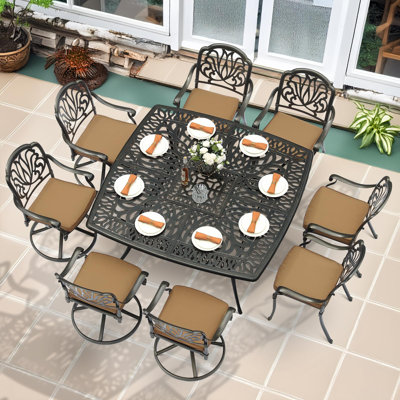 9-piece Outdoor Patio Dining Set For 8, All Weather Cast Aluminum Patio Funiture Table And Chairs Set- Large 64" Square Table, 4 Swivel Rocker Chairs by Bloomsbury Market