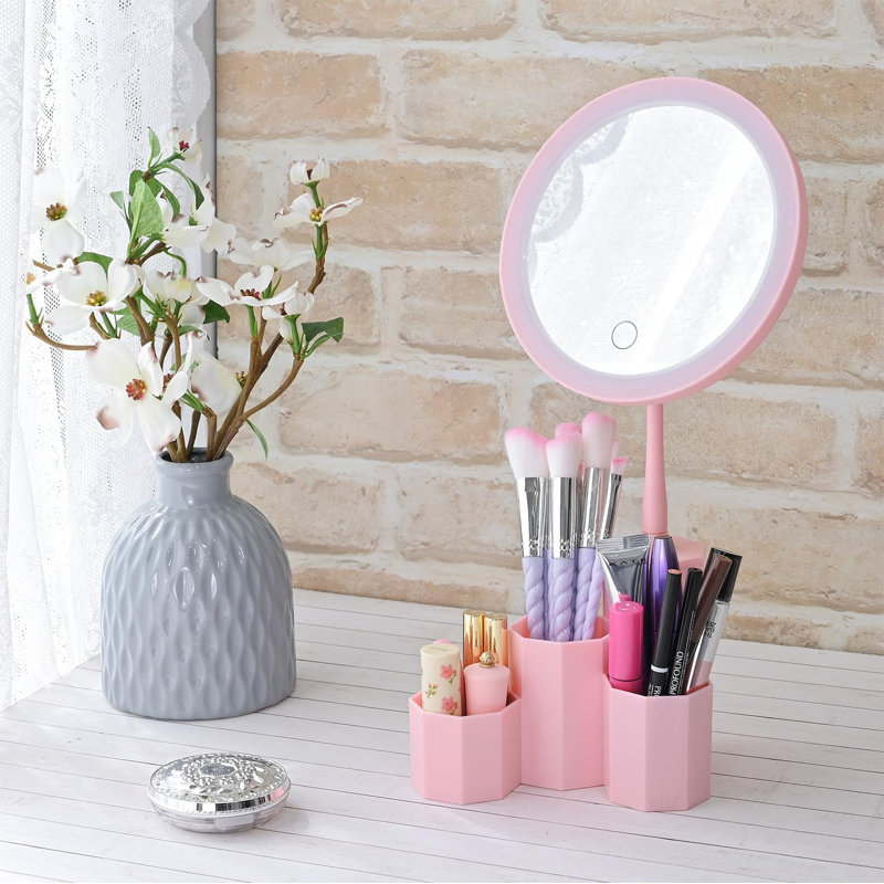 Organisateur de maquillage avec miroir DEL rechargeable pour le maquillage, brosses, Rose