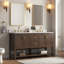 Meuble-lavabo autoportant en noyer de 60 po avec double lavabo et plateau en pierre artificielle Aastha-1289636781