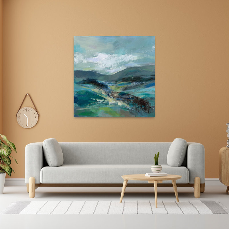 Contemporary Contemporary Turquoise Slopes I with Abstract Black Art, H 48 po x l 48 po