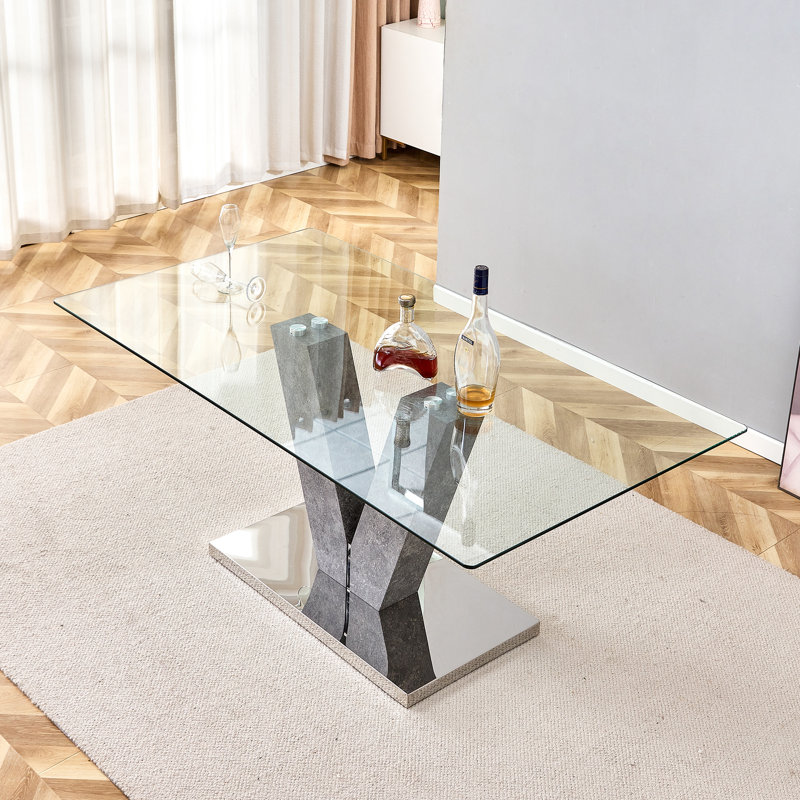 Modern 71" Rectangular Glass Dining Table  with V-Shaped Concrete Pedestal Base, Seats 6-8