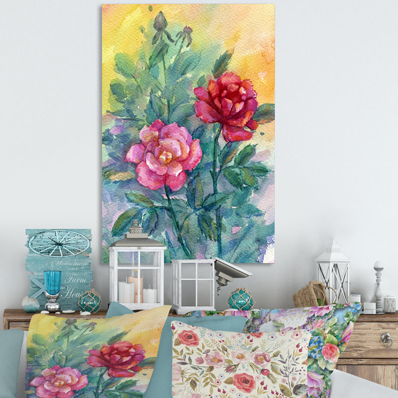 Abstrait roses roses et rouges - décoration murale traditionnelle sur toile, H 32 po x l 16 po, Toile tendue