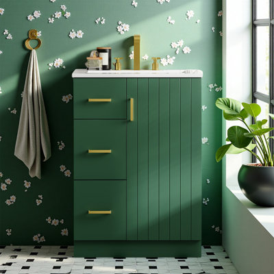 Modern Bathroom Vanity With Sink – Space-Saving 24-Inch Small Bathroom Sink Cabinet With 2 Drawers & Soft-Closing Door, Green