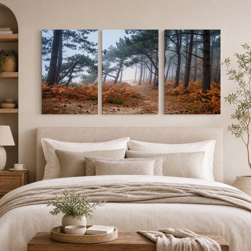«Misty Pine Forest Path with Orange Ferns», ensemble de 3 toiles murales, H 30 po x l 20 po x 3 pièces