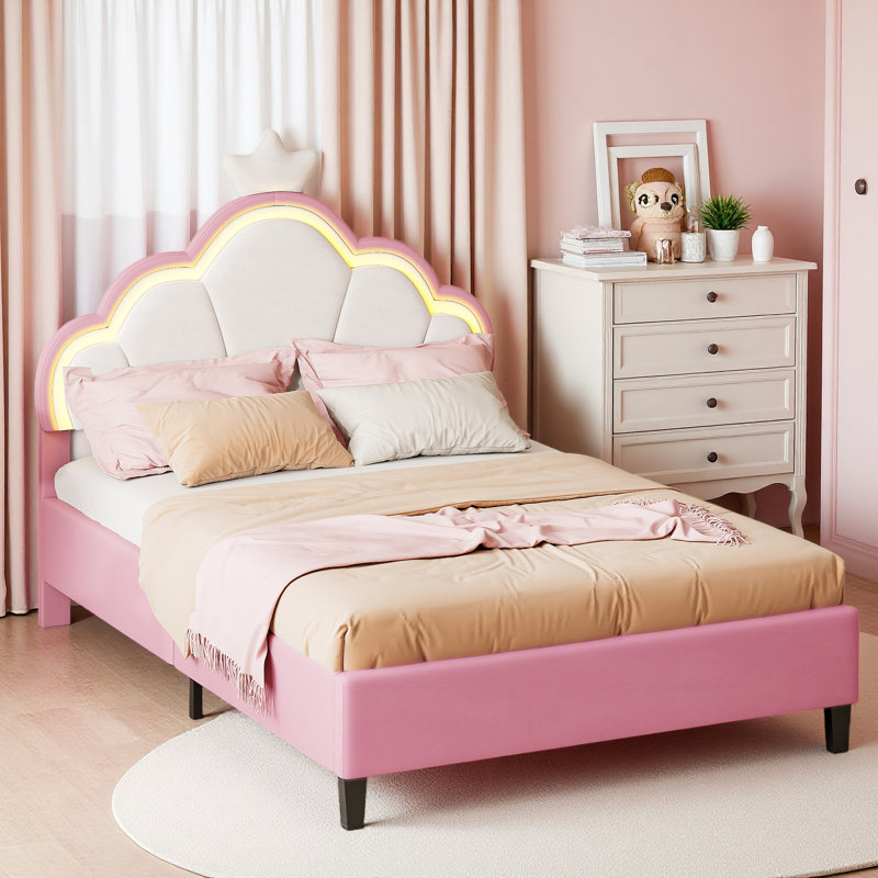 Upholstered kids bed with RGB LED Adjustable Headboard, Double (4'6)