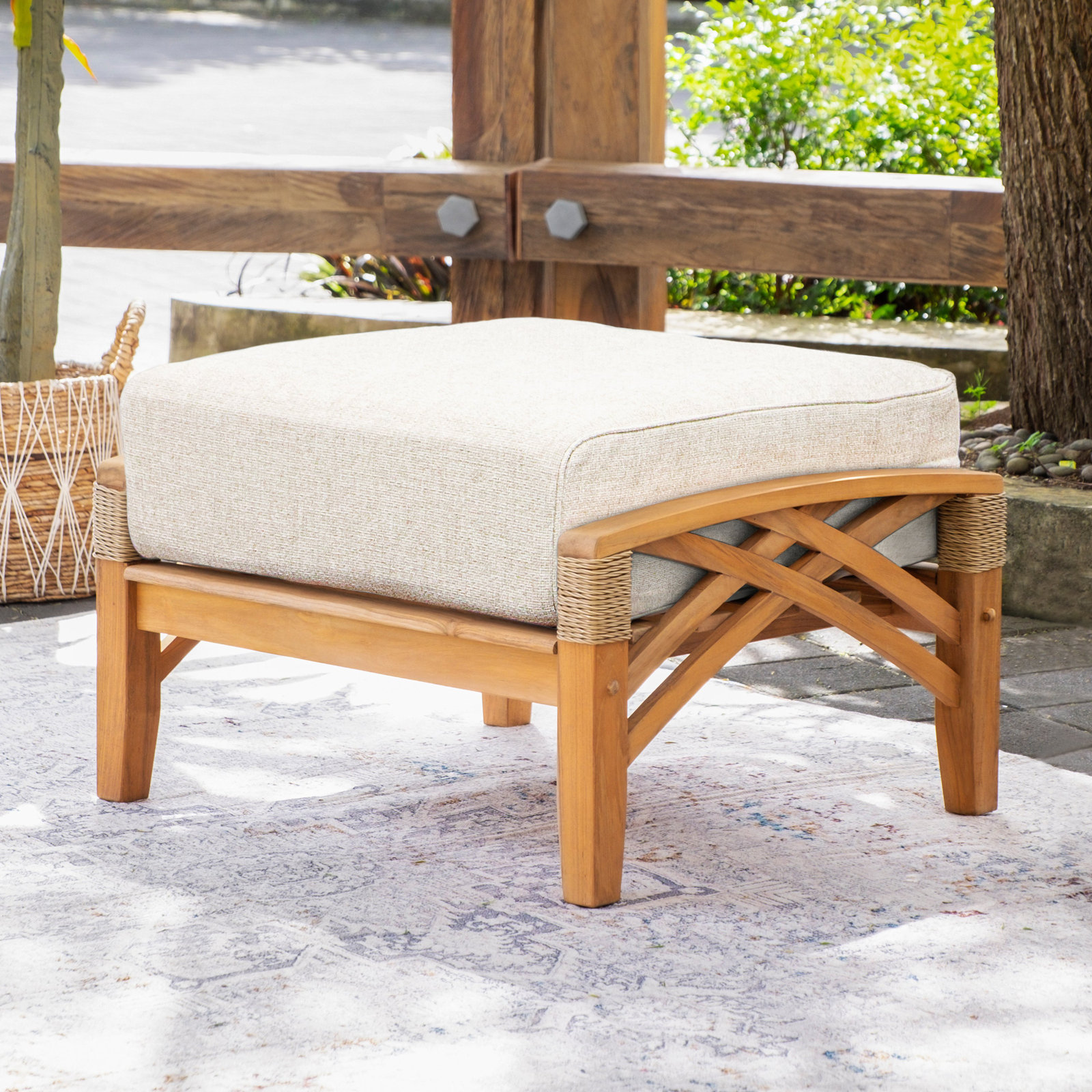 Cotesfield Teak Outdoor Ottoman with Cushion, Tan Performance Basketweave